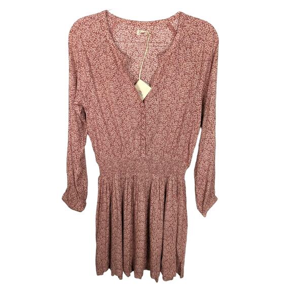 Faherty Montara Dress Mauve Pink Leaf Batik Mini Smocked Waist M NEW - Picture 2 of 12